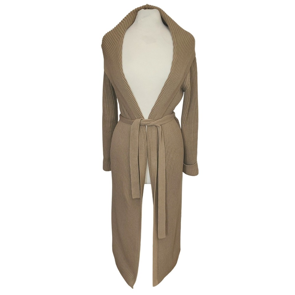 J. Crew Beige Preppy Dystopian Hooded Belted Chunky Knit Maxi Duster Sweater M - Picture 2 of 8